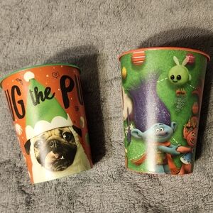 Plastic Cups, Christmas Novelty, Trolls And Pug The Pup, NEW